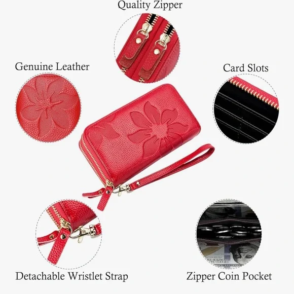 Vibrant Red Floral Embossed Leather Clutch with Wrist Strap RFID - Picture 4 of 11